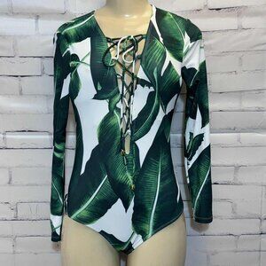 MARINAVIDA Green Leaf Print Lace-Up Long Sleeve One-Piece Swimsuit – Size S